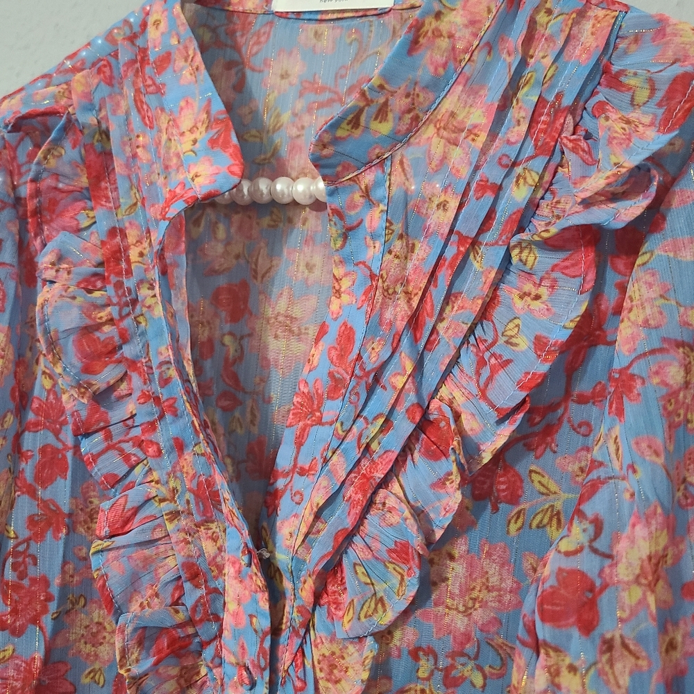 PINKYOTTO Flowered Ruffle Button Down Blouse Size Med - Picture 2 of 10